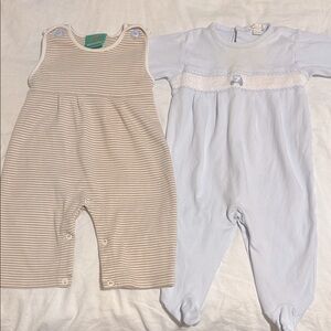 2 baby boy outfits - tan/white striped longalls & Light Blue golf cart Footies